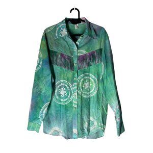 VTG Sojourn by Tracey USA Green Tie Dye Medallion Fringe Western Shirt Small